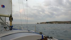 View of Old Harry Rocks, from the outbound Channel crossing.